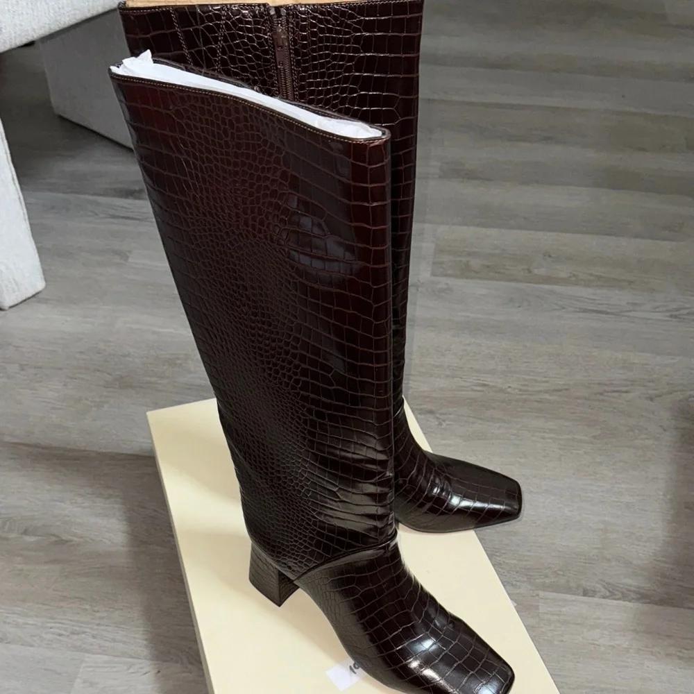 Elegant Brown Croc-Embossed Knee-High Boots